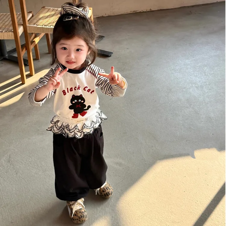 小惜亦2025春季新款韩版女童条纹卡通插肩袖T恤搭屁帘黑色休闲裤