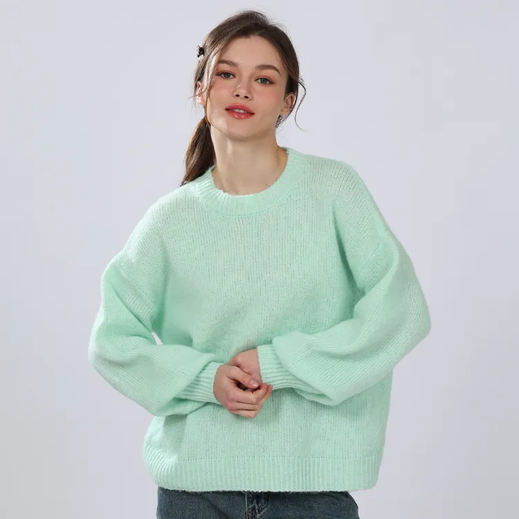 圆领欧美风长袖针织衫时尚秋冬纯色百搭毛针织衫休闲常规宽松女装