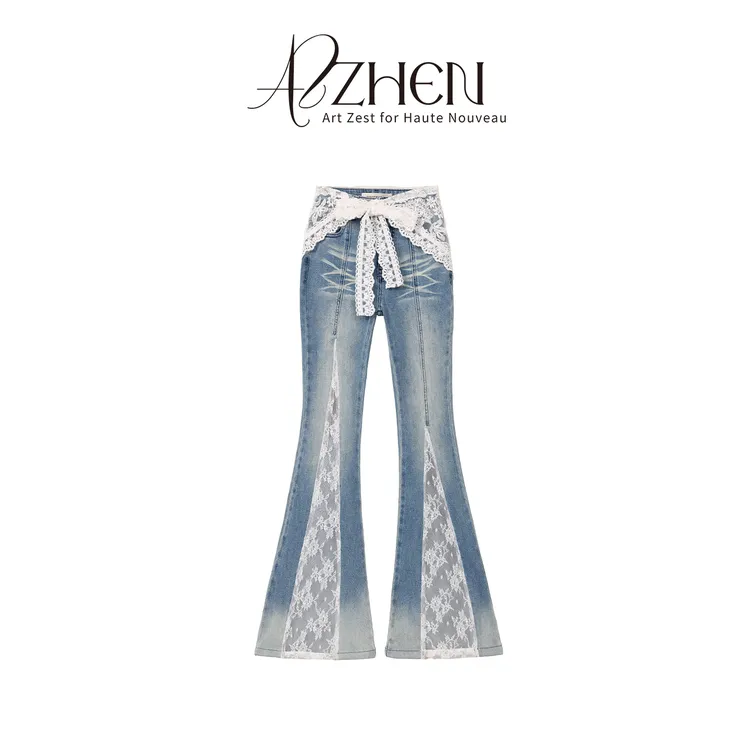 （七夕新款）AZZHEN【蕾丝步调】蕾丝拼接喇叭牛仔裤AZ5BNK12