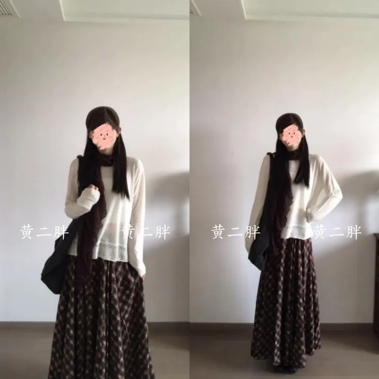 蕾丝花边拼接圆领长袖针织衫女秋季新款高级感宽松上衣+格纹长裙