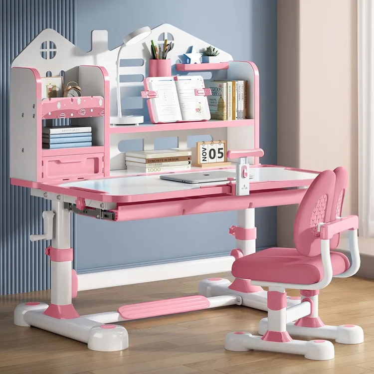 【店长推荐】手摇升降书桌椅书柜书架实木芯桌子椅子作业桌写字台