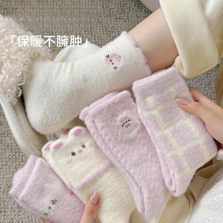 毛绒袜子女冬季加绒加厚中筒袜可爱粉色卡通长袜居家睡眠月子袜sq