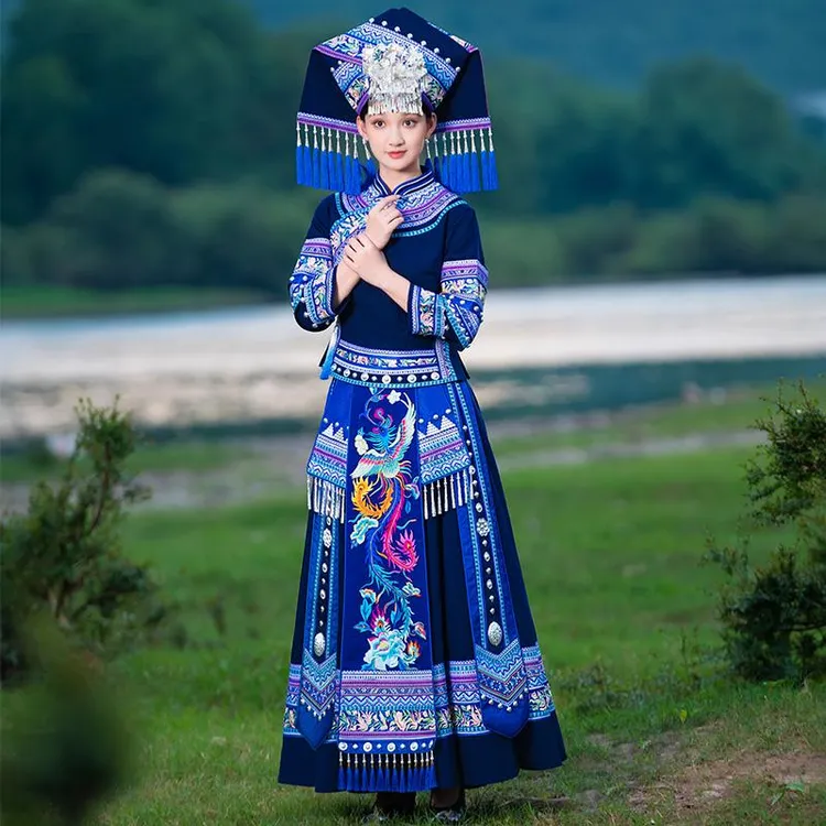 广西壮族服装女盛装三月三少数民族成人舞蹈服饰壮锦长裙演出服