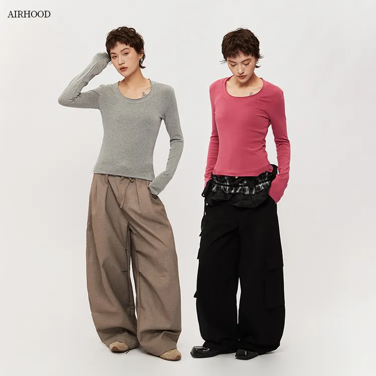 AIRHOOD 秋季国潮辣妹长袖T恤女修身显瘦内搭纯色打底衫上衣C5495