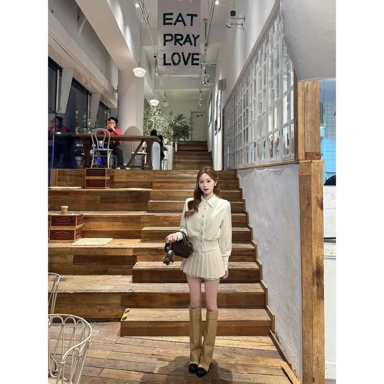 秋冬撞色翻领假两件针织外套千金风长袖上衣开衫半身裙百褶裙短裙