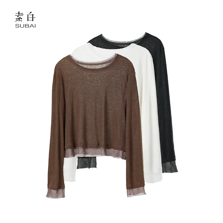 素白显瘦时尚【亚麻针织】90508夏季圆领休闲百搭透气麻料针织T恤