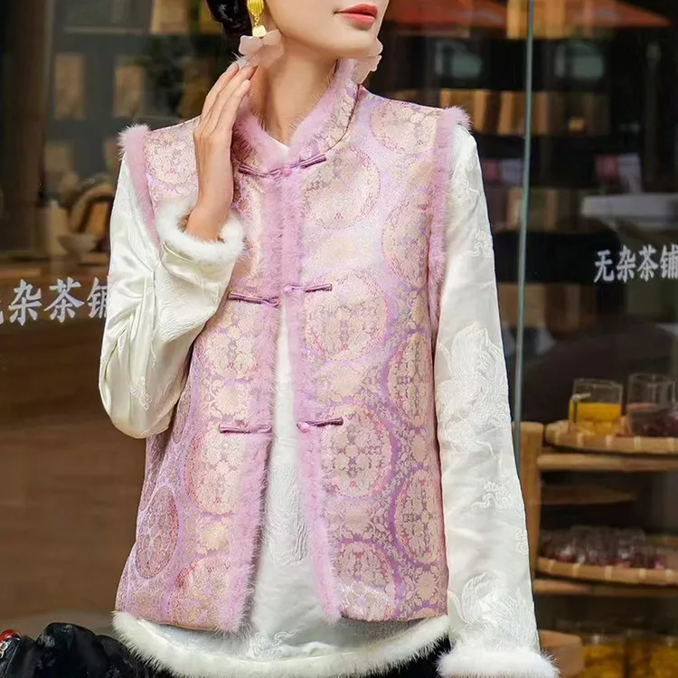 拜年服 新中式真丝织锦缎水貂毛加棉马甲坎肩棉服外套