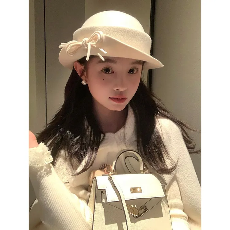 赫本风羊毛呢蝴蝶结翻檐礼帽子女2024新款秋冬季显脸小气质渔夫帽