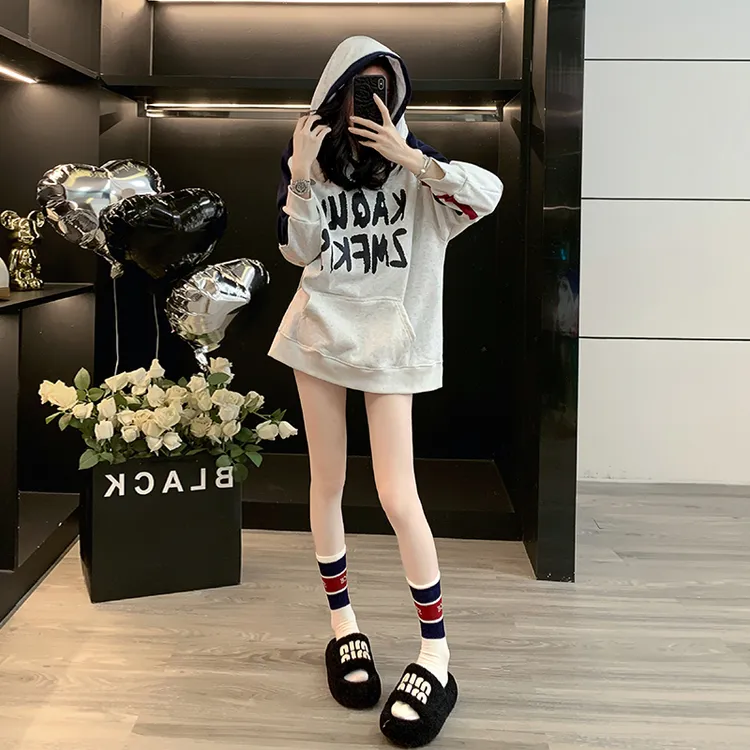 网红洋气炸街撞色连帽卫衣女秋冬慵懒复古韩版休闲显瘦外套上衣潮