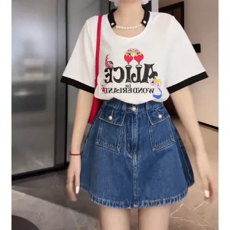 韩版夏季撞色上衣可拆卸珍珠链条+ 高腰显瘦小A版裙裤LK2503932