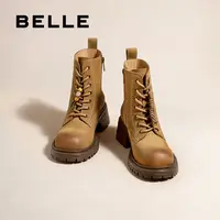 【巴图&博谷优享】百丽擦色女25商场同款串珠粗跟工装靴E5C1DDD5
