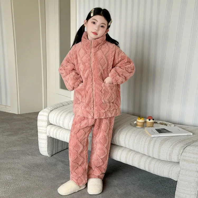 儿童睡衣女童秋冬季法兰绒中大童加绒加厚款珊瑚绒女孩家居服套装
