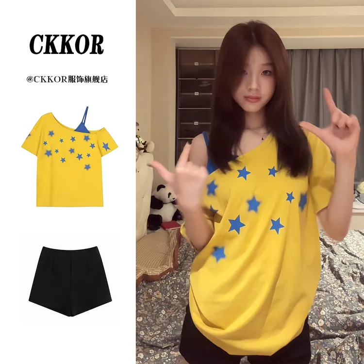 CKKOR夏季新款宽松遮肉斜肩短袖t恤女百搭显瘦时尚设计感穿搭上衣