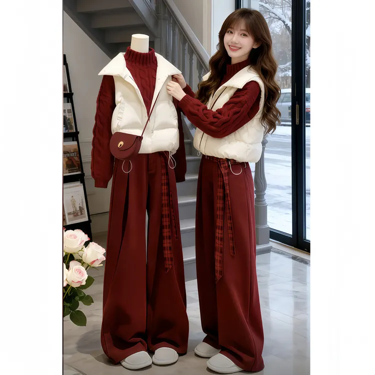 复古百搭时髦纯色显白套装2026冬季针织上衣阔腿裤马甲三件套装