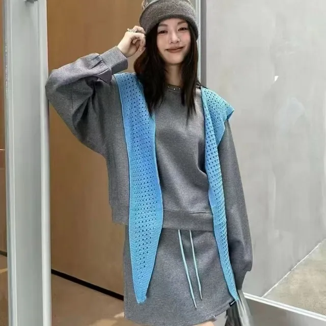 韩系慵懒风卫衣套装裙女长袖卫衣针织披肩抽绳短裙时尚减龄三件套