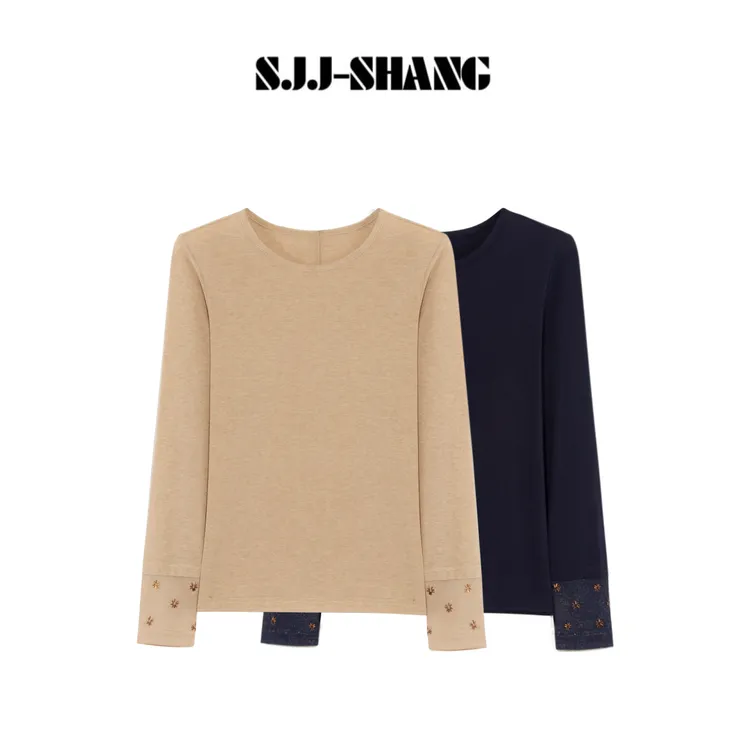 SHANG-JJ【暮云】25秋季莱赛尔+绵羊毛钉珠长袖设计感上衣q135274p