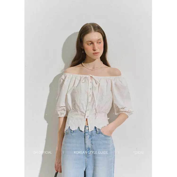  清DH OFFICIAL 大花【山茶花语 shirt】镂空绣花泡泡袖纽扣衬衫