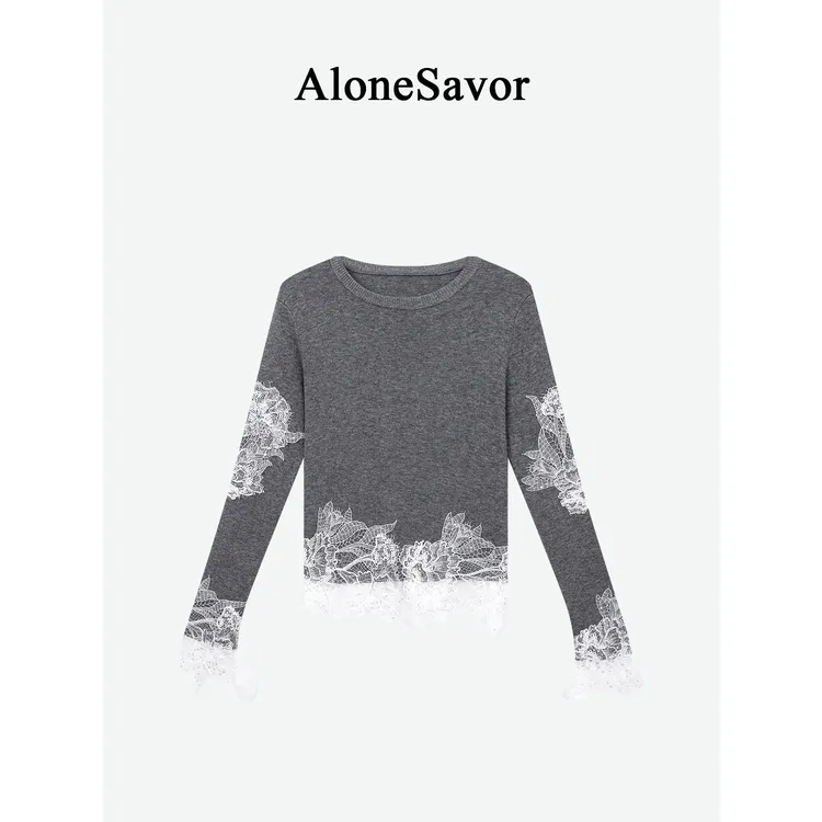【ALONE SAVOR】龍喜儿 雪舞 设计感绵羊毛蕾丝网纱针织衫V249