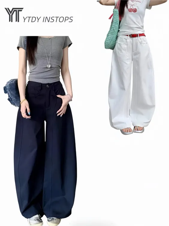 韩系INS弯刀休闲阔腿裤高腰显瘦夏季新款宽松辣酷慵懒风阔腿长裤