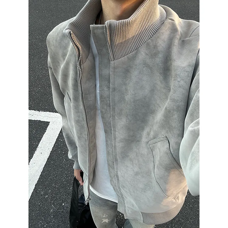 美式立领扎染PU皮衣外套男秋冬短款棒球服高级感cleanfit飞行夹克