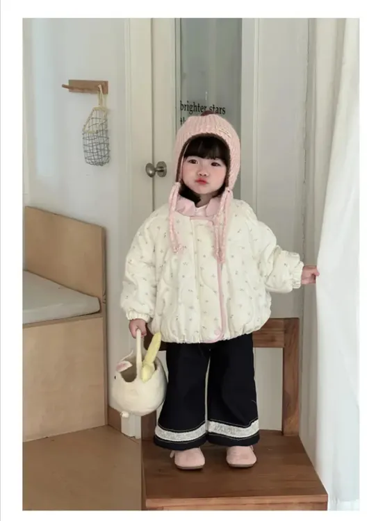 女童2025冬季新款加绒碎花夹棉外套女宝宝甜美时尚百搭加厚棉服潮