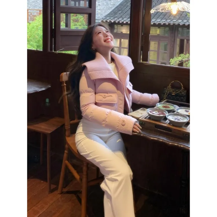 2025新款秋冬高端时髦洋气气质小香风夹棉加厚粉色翻领棉服外套女