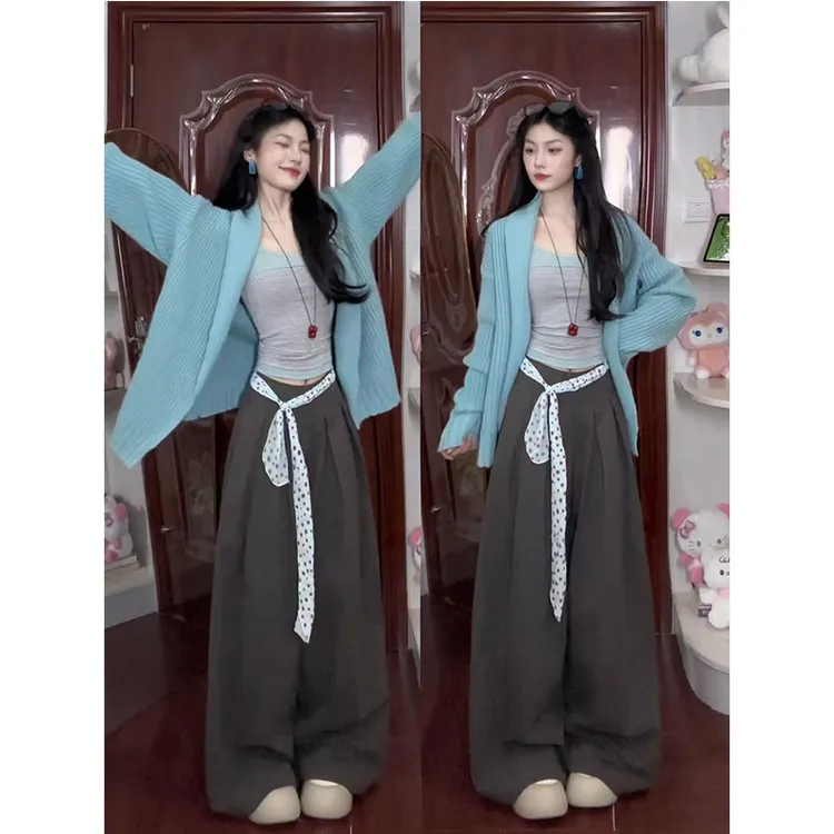 秋季温柔系穿搭女2025新款慵懒百搭针织外套显瘦背心阔腿裤三件套