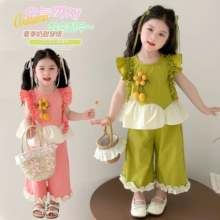 女童夏装飞袖套装2025新款儿童洋气时髦两件套女宝宝夏季薄款花朵