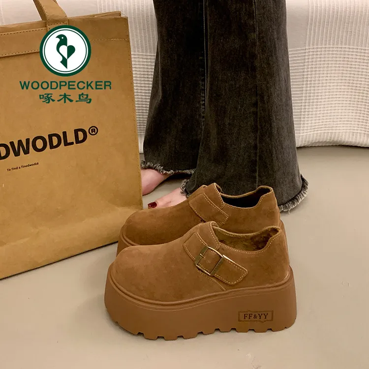 啄木鸟小个子增高厚底勃肯鞋女2025秋冬新款加绒大头丑萌乐福单鞋