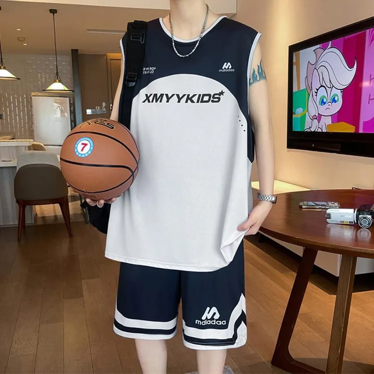 啄木鸟冰丝背心男夏季美式拼接无袖t恤青少年速干运动篮球服套装