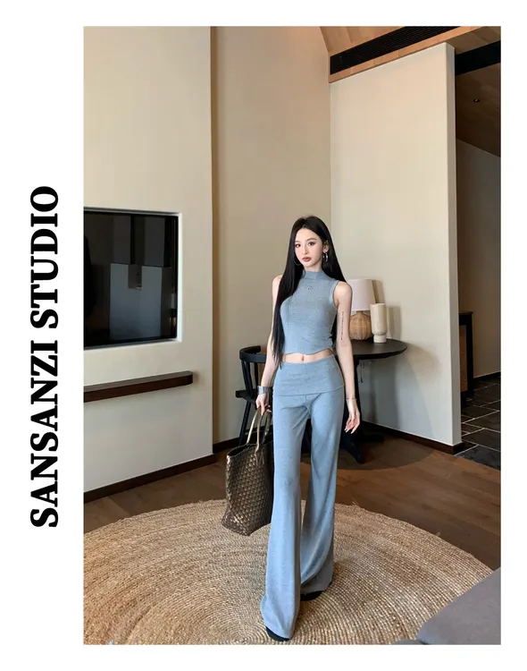 SANSANZI纯欲风紧身弹力无袖背心女夏季高腰显瘦休闲喇叭裤两件套