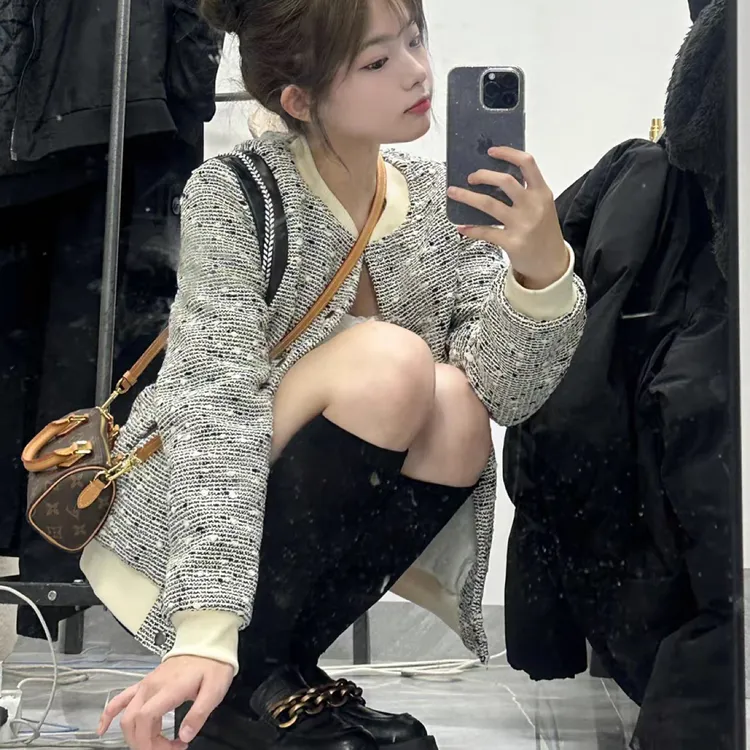 爆款网红香风外套女秋冬新款波点粗花呢棒球服情侣款慵懒风上衣