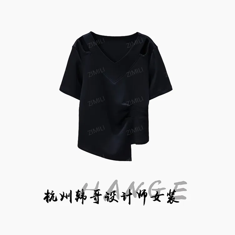 【韩哥女装】2025欧版重工设计黑色V领束腰显瘦时尚休闲短袖9605-B1