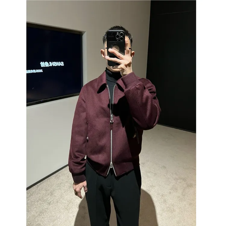 【嵿奢狠货】秋冬T*F100纯美利*奴羊毛翻领保暖棉服毛呢飞行员夹