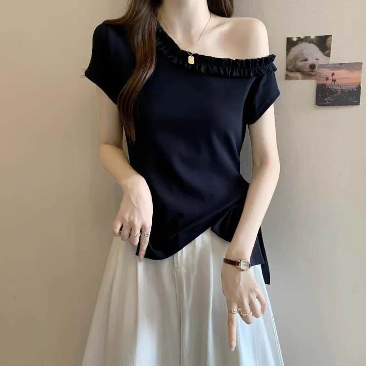 藏蓝色斜肩短袖T恤女2025夏季大码胖mm收腰不规则高级感露肩上衣