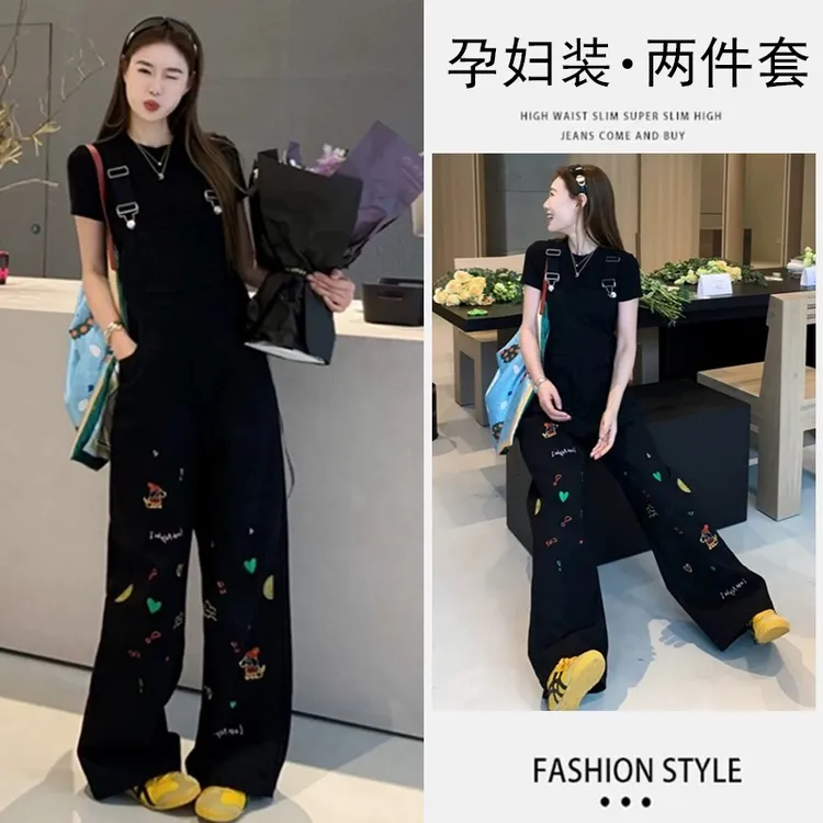 孕妇装2025春秋新款气质显瘦上衣孕妇时尚涂鸦刺绣牛仔背带裤套装