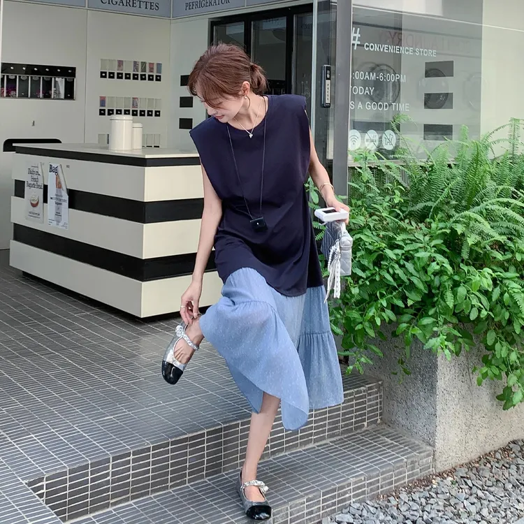 欧货设计感下摆撞色拼接无袖连衣裙减龄长裙女欧洲站2025夏季新款