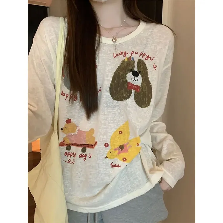 慵懒风卡通狗狗印花长袖T恤女夏季薄款防晒罩衫减龄宽松百搭上衣