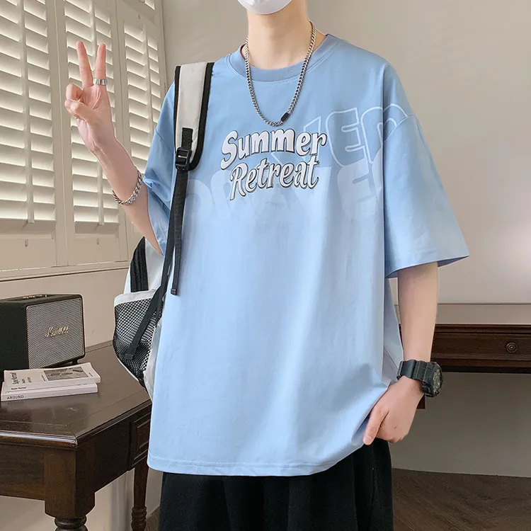 昀泽少年渐变印花短袖男夏季落肩袖宽松t恤男半袖青少年休闲T恤男