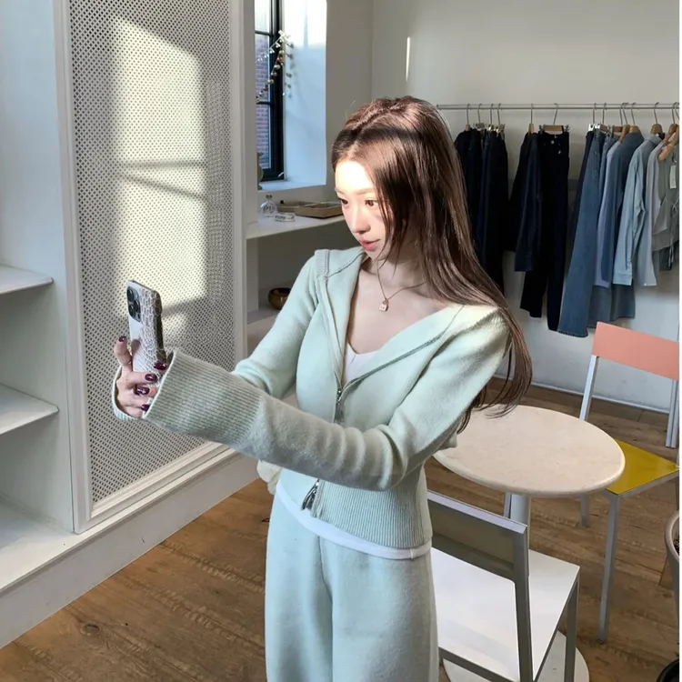 2025春季新款时尚套装气质显瘦长袖开衫连帽上衣宽松直筒长裤套装