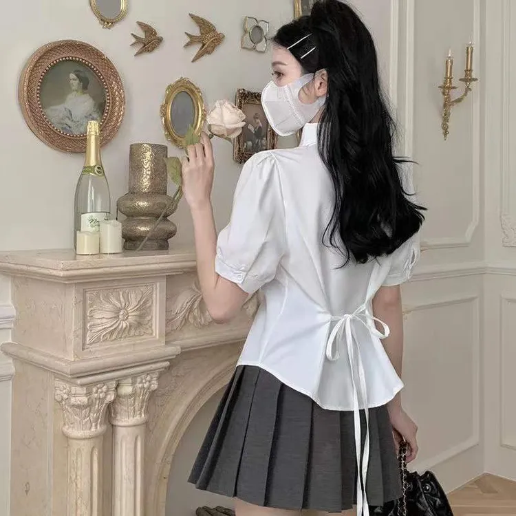 白色学院风短袖衬衫女显瘦别致设计感绑带收腰甜美泡泡袖衫上衣