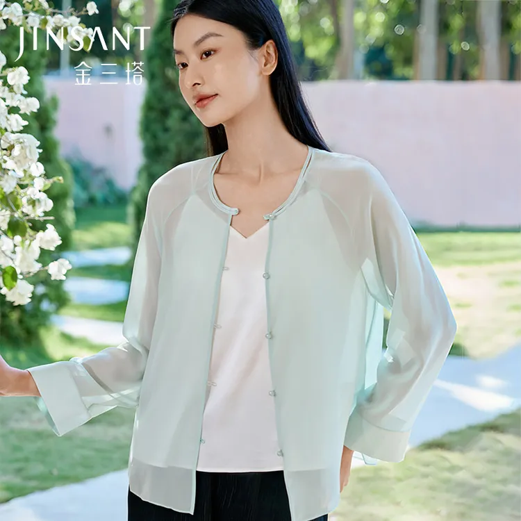 金三塔真丝开衫女夏纯色简约100%桑蚕丝轻薄透气可外穿新中式上衣