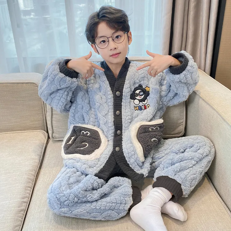 儿童睡衣男童秋冬季珊瑚绒加厚款2025新款男孩冬款卡通蛋仔家居服