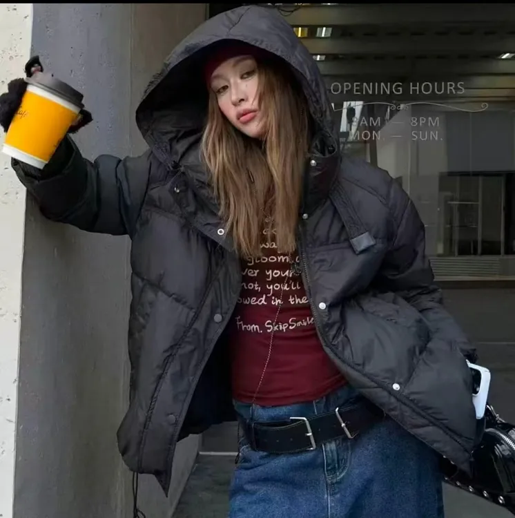 皮标针织袖羽绒服