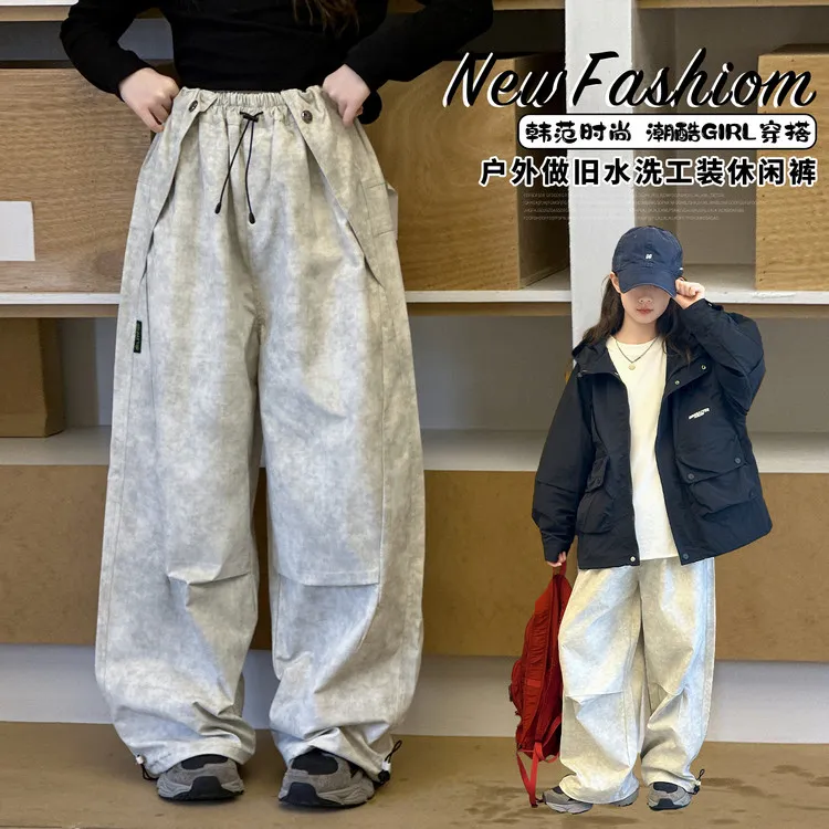 2025新款女童休闲洋气宽松工装裤女中大童花布秋季潮酷阔腿裤