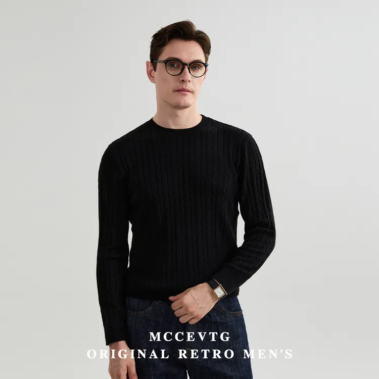 【可机洗羊毛】经典美式绞花圆领毛衣男通勤休闲复古针织衫秋冬款