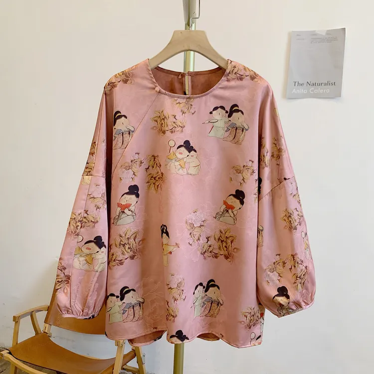 仕女图C4221仕女图印花圆领新中式衬衫