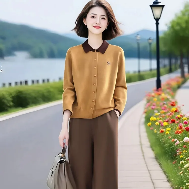超好看穿搭针织衫撞色翻领上衣气质套装2025春秋长袖阔腿裤两件套