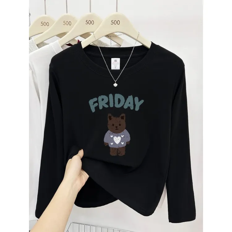 大码胖mm正肩长袖T恤女秋季韩版时尚设计感洋气小熊印花显瘦上衣