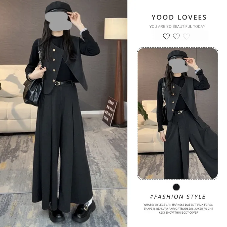 时尚套装女2025春秋新款时髦洋气半高领打底衫马甲阔腿裤三件套潮
